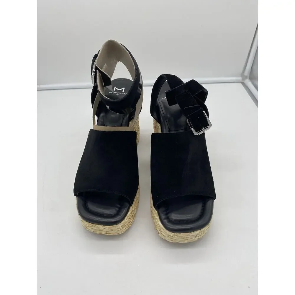 New Marc Fisher LTD Nelly Suede Espadrille Wedge Sandals Ankle‎ Strap Black 10M